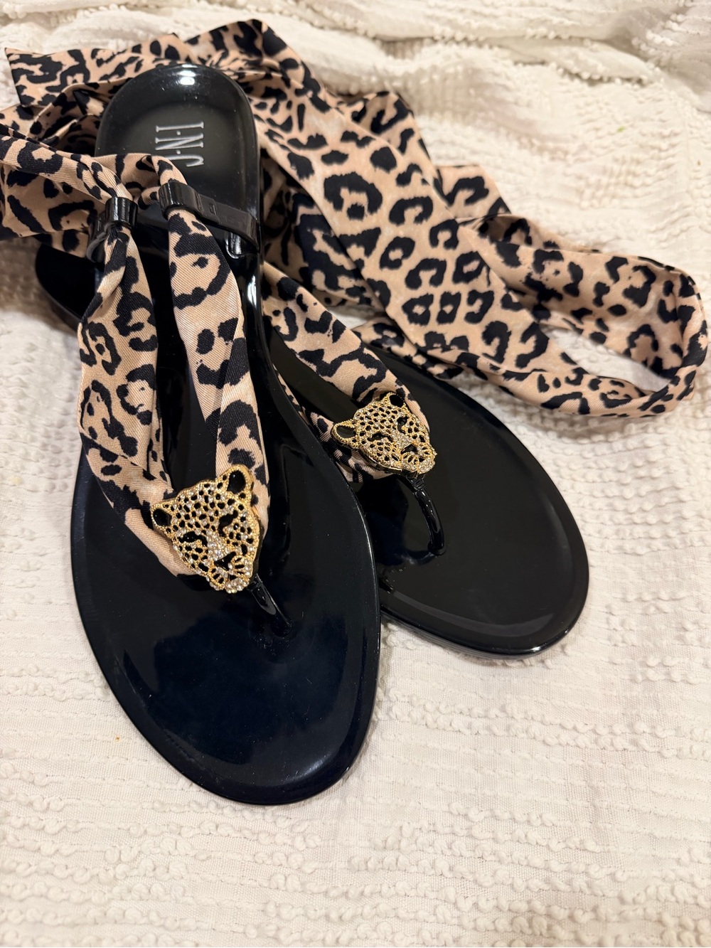 INC International Concepts Leopard Tie-Wrap Sandals in Black and Beige